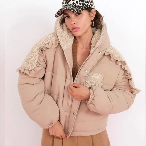 For Love & Lemons Hooded Ruffles Faux Sherpa Puffer Coat